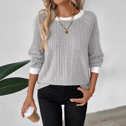 Women's Color Block Ribbed Crew Neck Long Sleeve Sweater