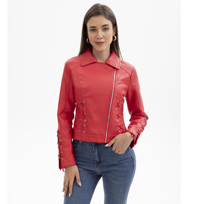 Women's Faux Leather Lace Up Moto Jacket Zip Up Biker