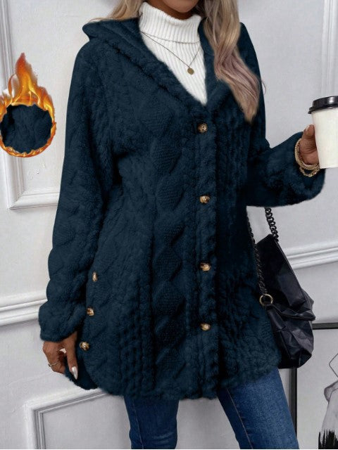 Women's Fuzzy Hooded Button Cardigan Winter Warm Coat