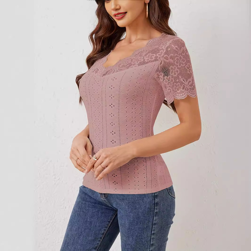 Women's V-Neck Lace Spliced Slim-Fit Short-Sleeve Top