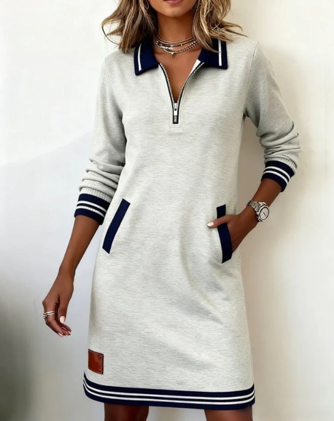 Color Block Half Zip Long Sleeve Sweatshirt Dress