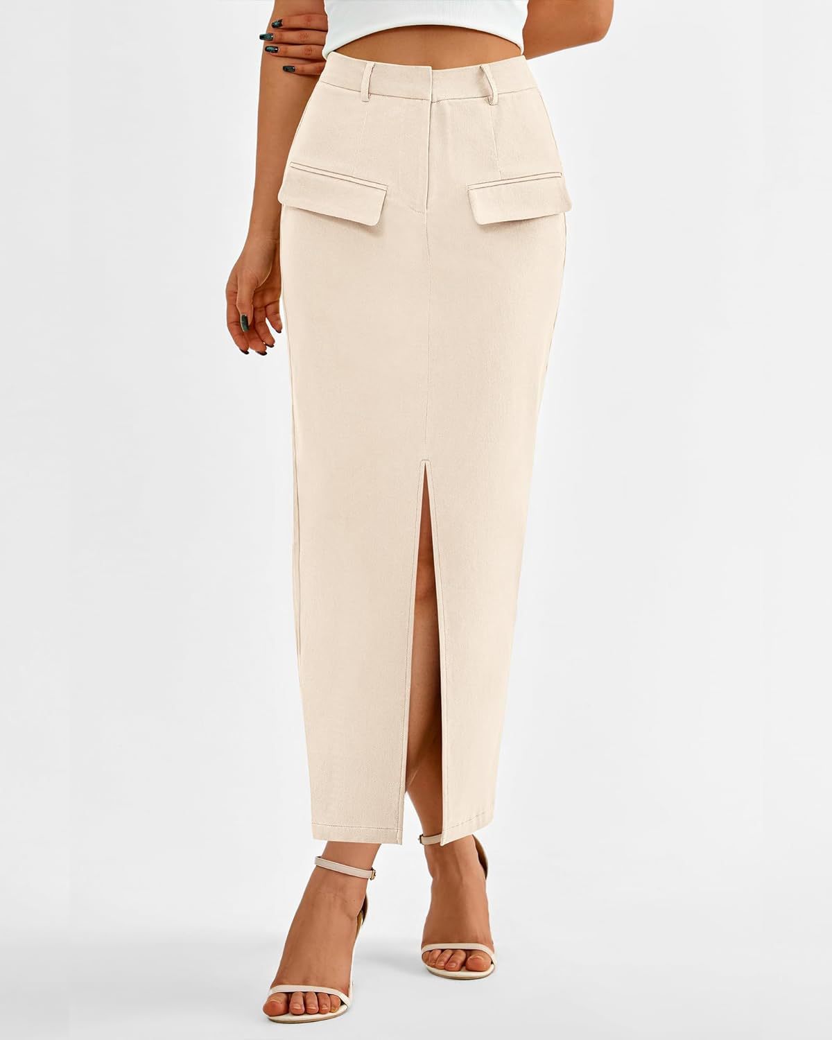Elegant High Waist Midi Skirt with Front Slit