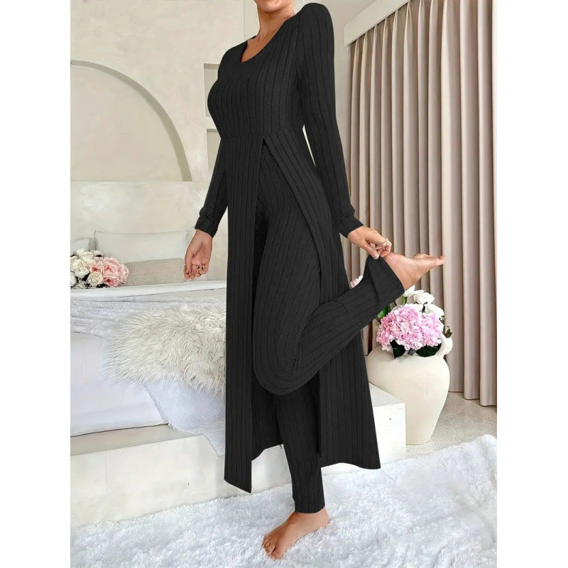 Women's Ribbed Knit Side Split Long Sleeve Two Piece Set