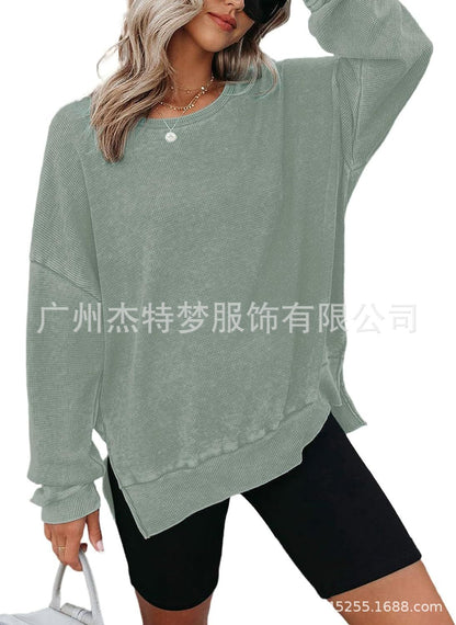 Waffle Split Hem Sweatshirt Women Casual Long Sleeve Top