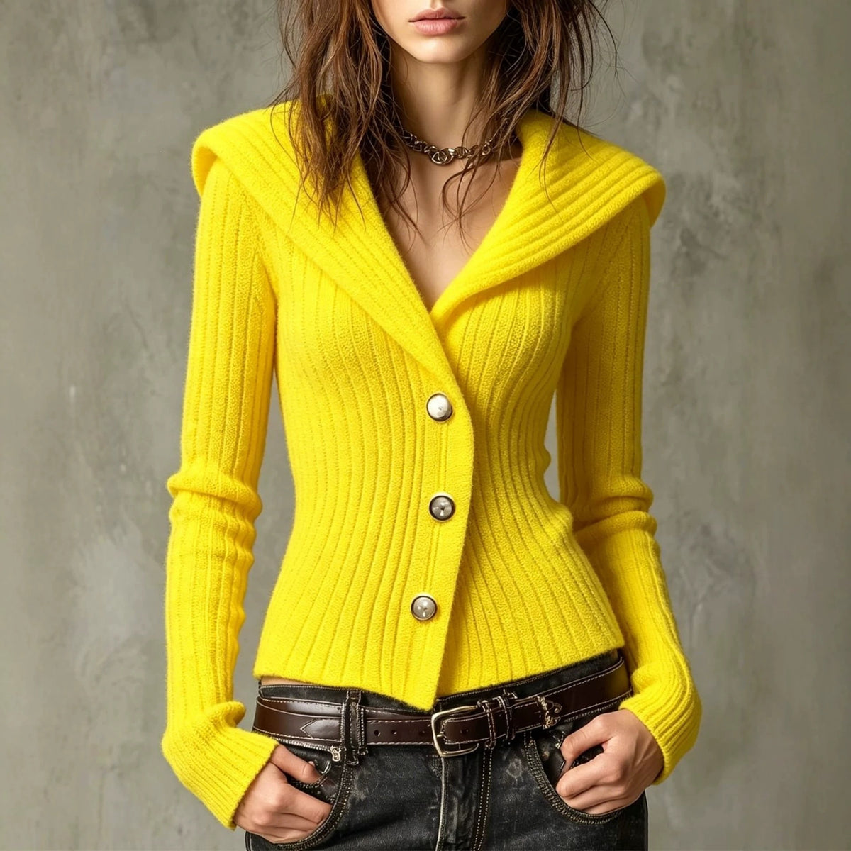 Women's Fitted Ribbed Knit Button Front V-Neck Cardigan
