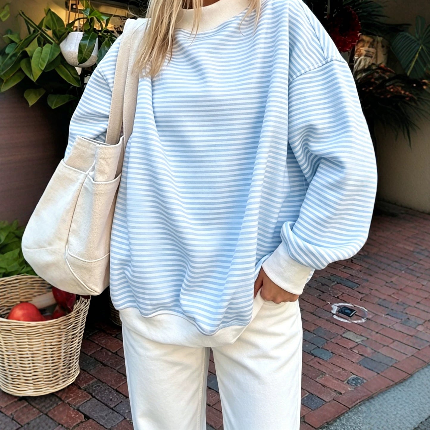 Red Striped Mock Neck Sweatshirt Oversized Pullover