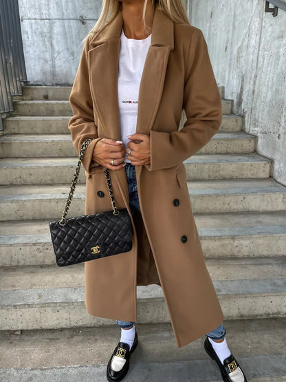 Women's Lapel Button Front Long Coat with Slit