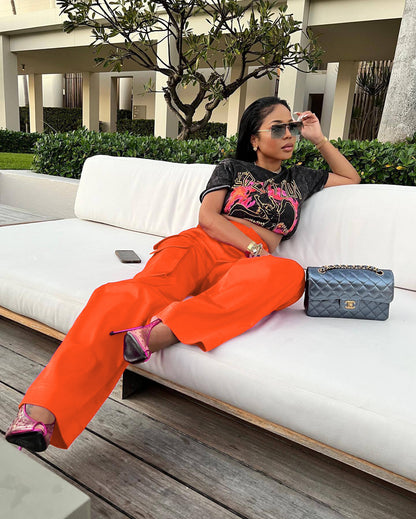 Women's Stretch Satin Cargo Flare Pants Pockets
