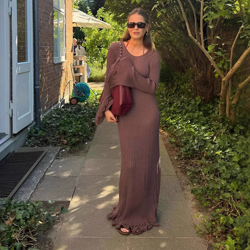 Ribbed Maxi Dress Long Sleeve Tie Back Ruffle Hem
