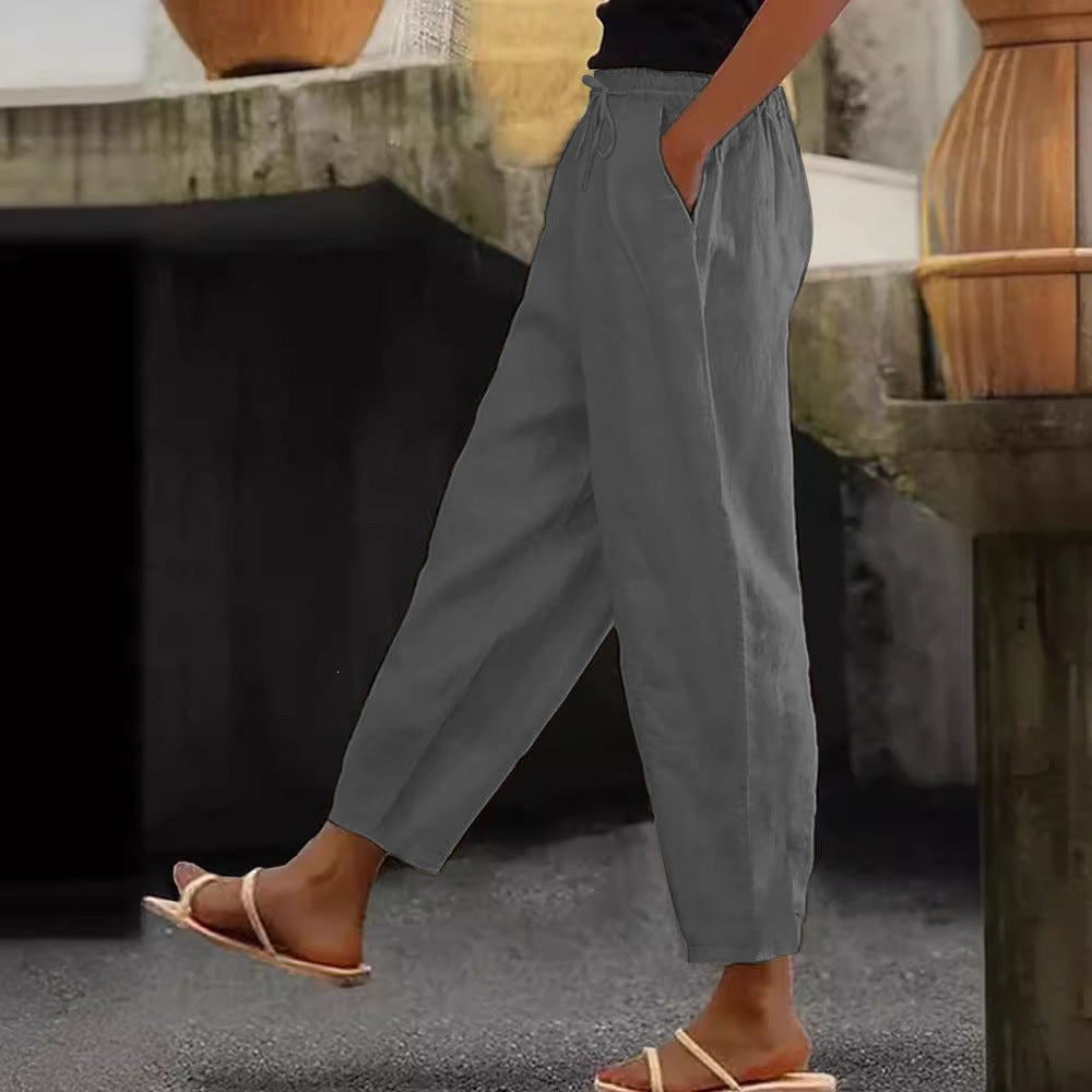 Women's Linen Cotton Drawstring Cropped Pants