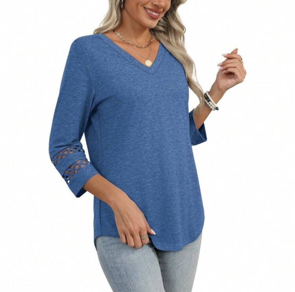 Women's V Neck 3/4 Sleeve Crochet Trim Loose Casual Blouse