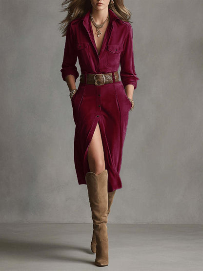 Women's Suede Shirt Dress Midi Belted Button Front