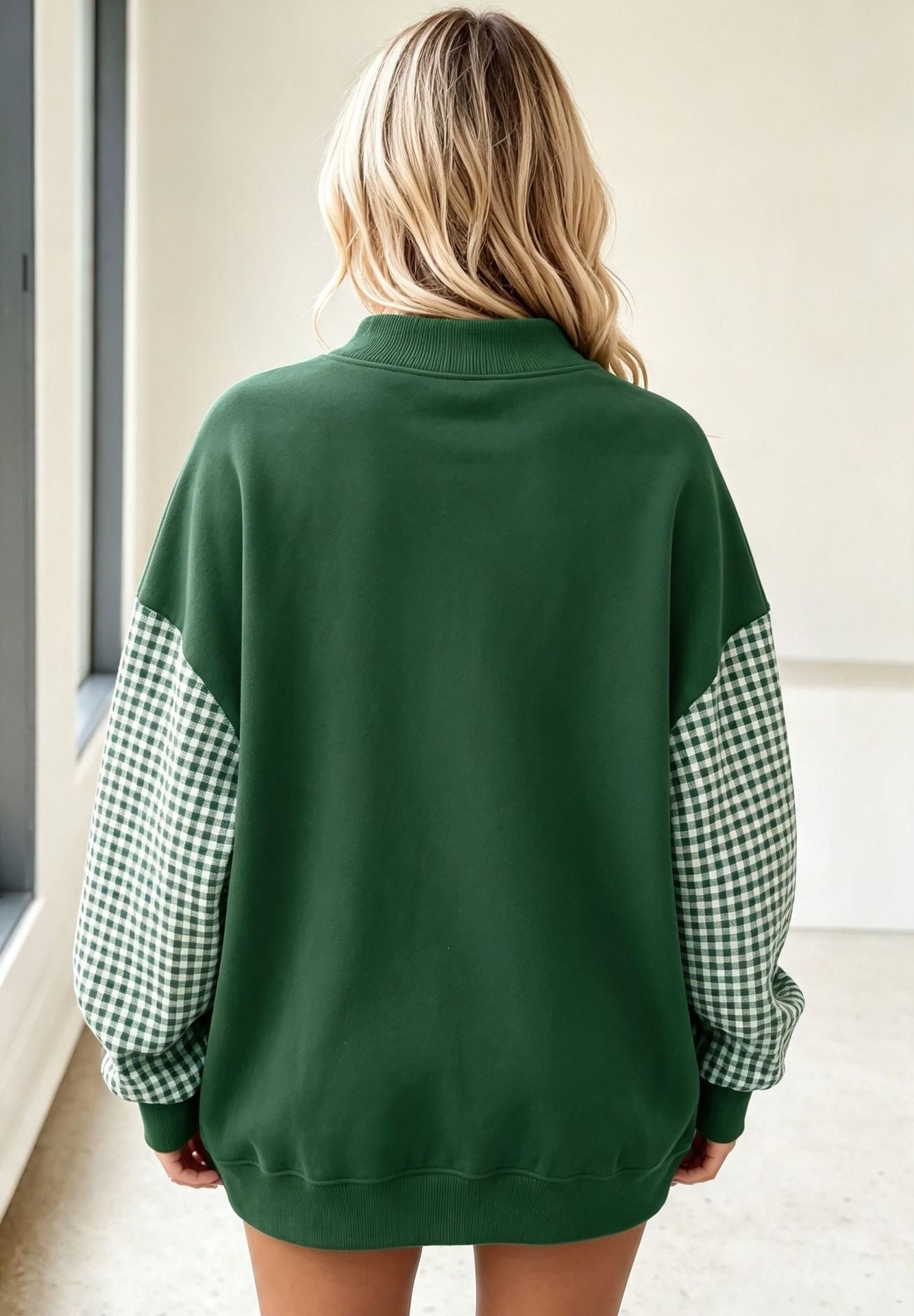 Plaid Sleeve Oversized Mock Neck Fleece Sweatshirt