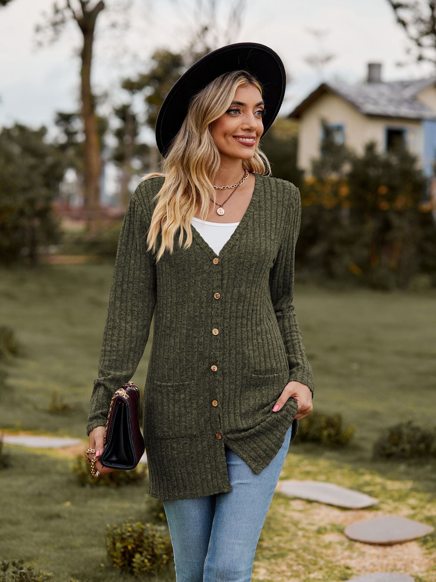 Ribbed Knit Cardigan Long Sleeve Button Pocket Sweater
