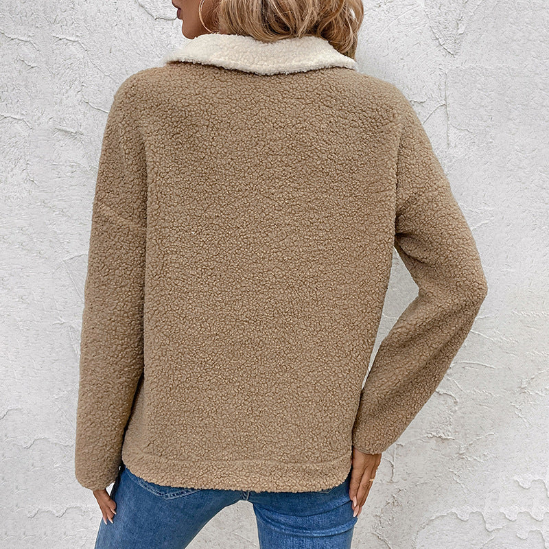 Half Zip Colorblock Teddy Fleece Pullover Sweatshirt