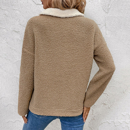 Half Zip Colorblock Teddy Fleece Pullover Sweatshirt
