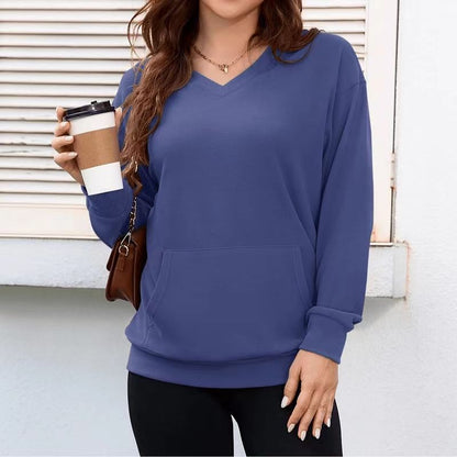 Women's Oversized V-Neck Sweatshirt Plus Size Pocket Top