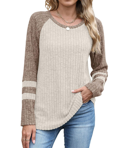 Colorblock Ribbed Knit Sweater Women Casual Pullover Top