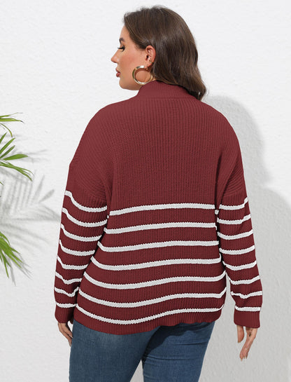 Women's Striped Splicing Love Zipper Pullover Sweater