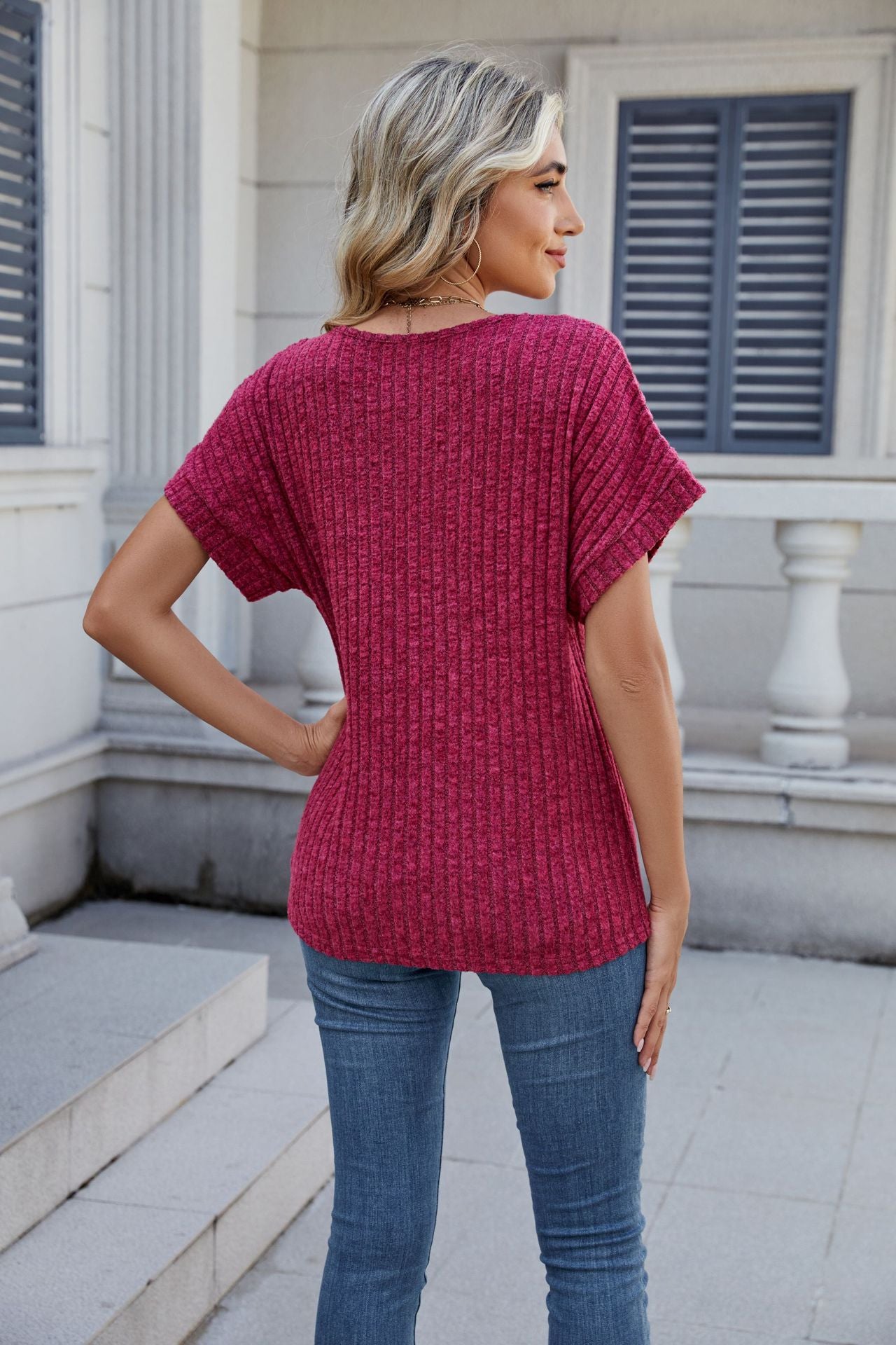 Solid Ribbed Knit Top V Neck Short Sleeve Casual Tee