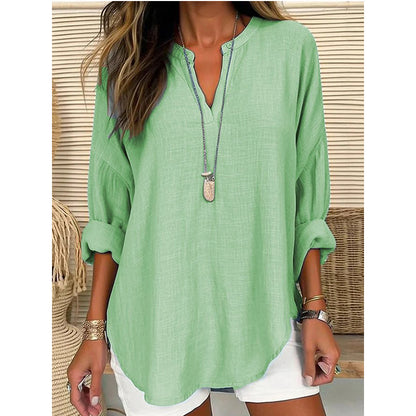 Plus Size V Neck Long Sleeve Cotton Linen Tunic Top