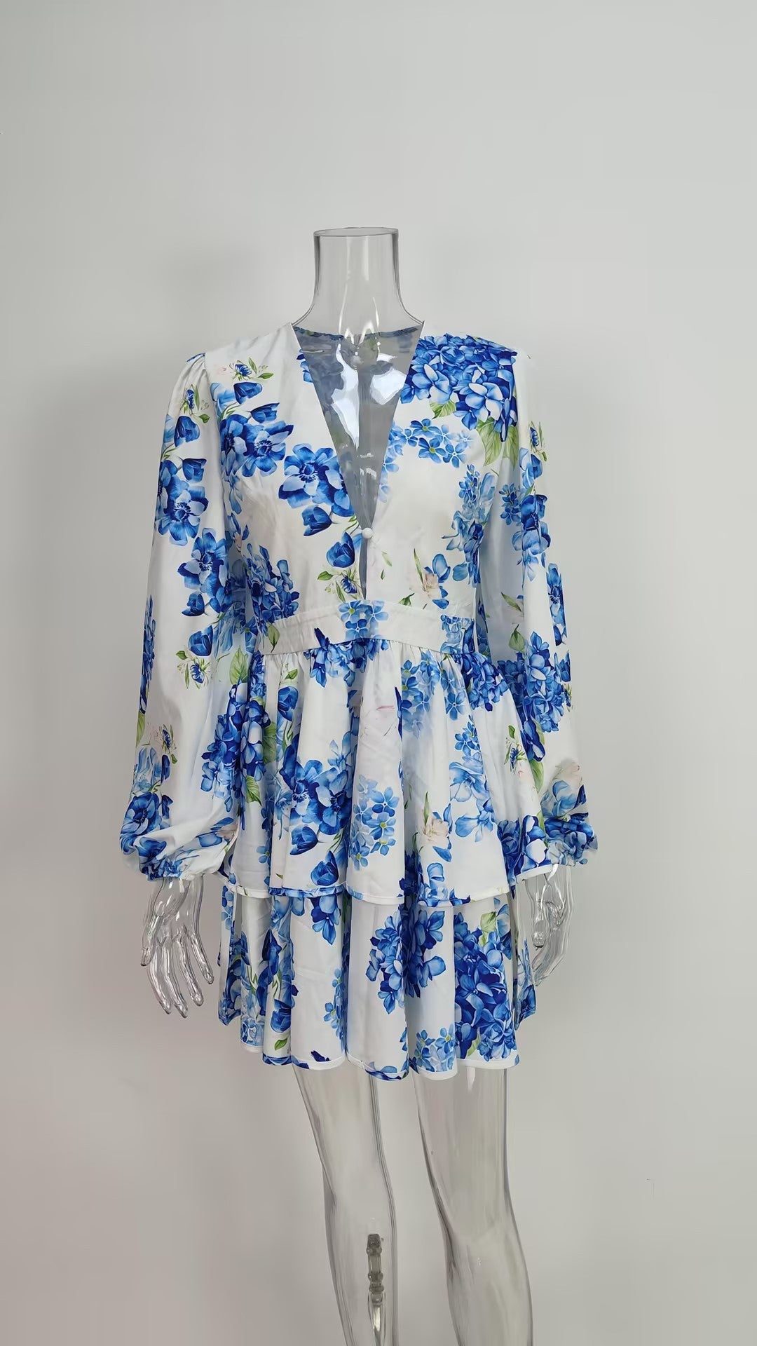 Floral V-Neck Puff Sleeve Ruffle Mini Dress