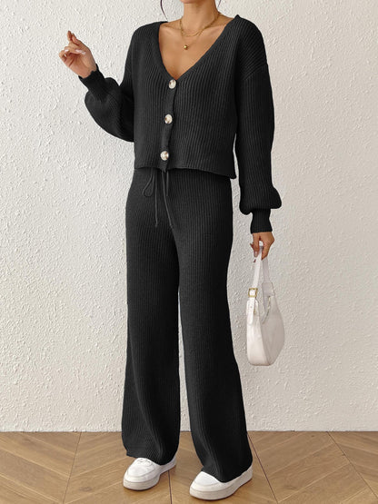 Cozy Two-Piece Set | Buttoned Cardigan & Drawstring Trousers