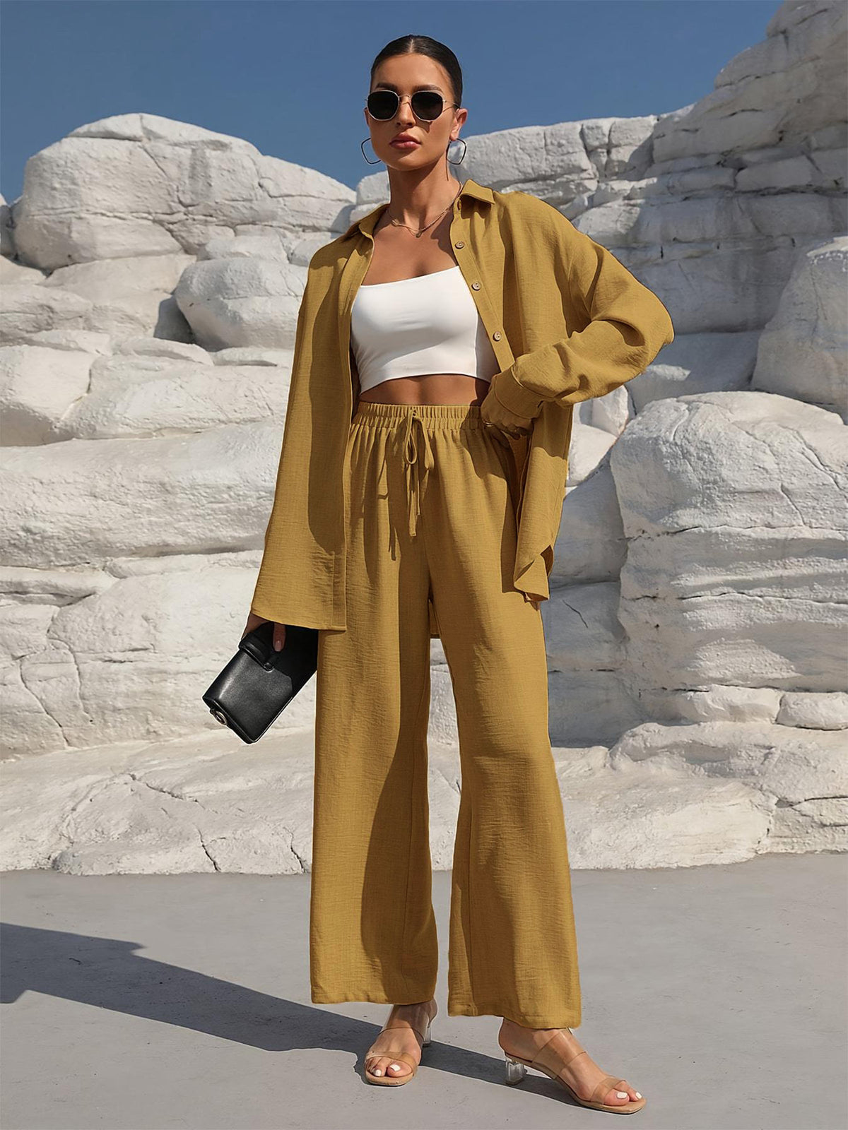 Womens Solid Two Piece Set Button Shirt Wide Leg Pants