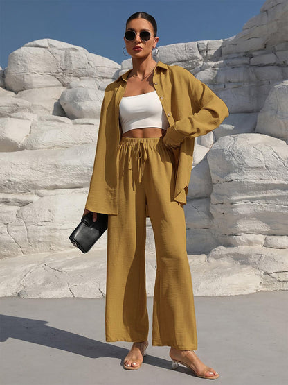 Womens Solid Two Piece Set Button Shirt Wide Leg Pants