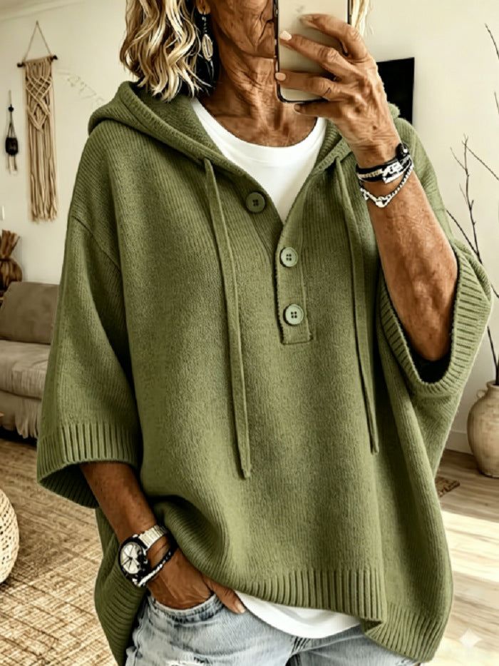 Womens Oversized Hooded Button Knit Sweater