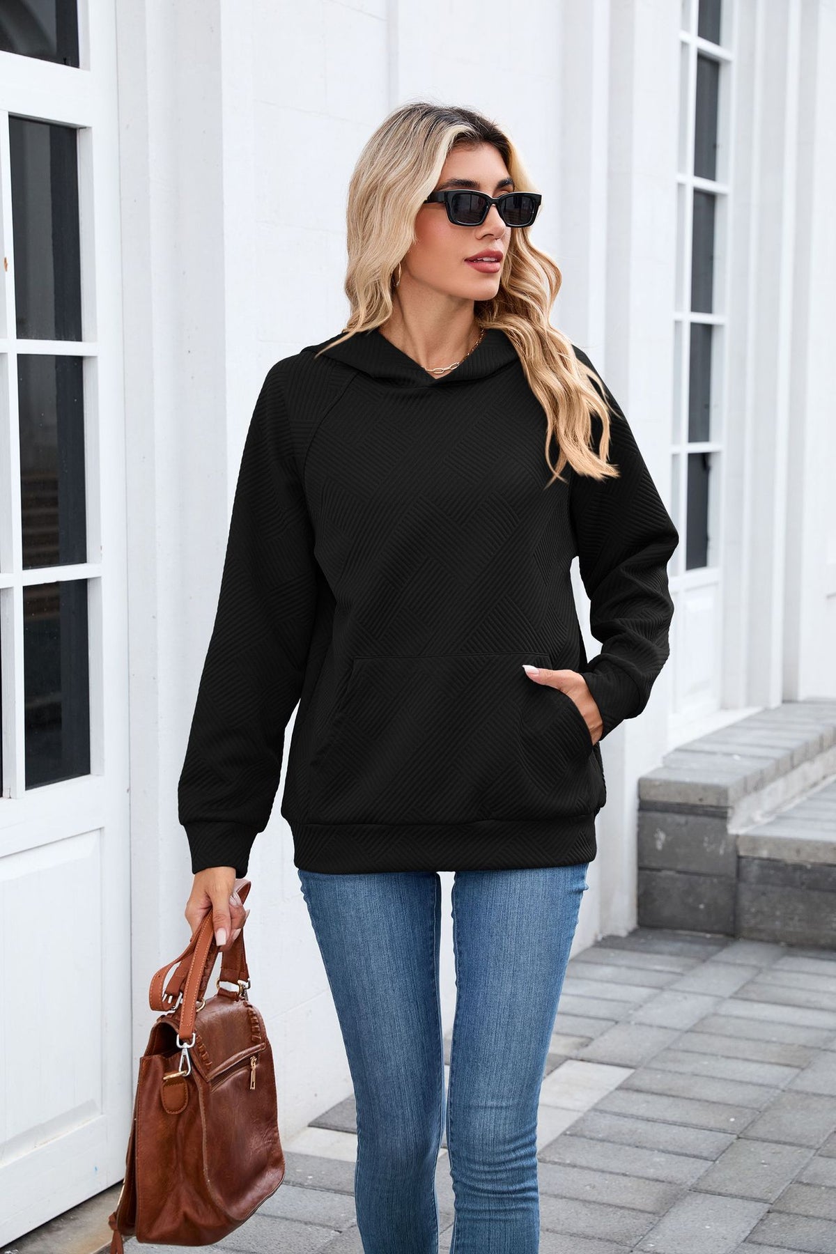 Women's Oversized Textured Hoodie Pullover with Pocket