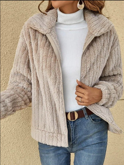 Women's Ribbed Sherpa Zip Up Jacket Collar Cropped