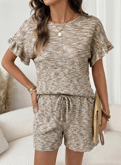 Textured Knit Lounge Set Ruffle Sleeve Drawstring