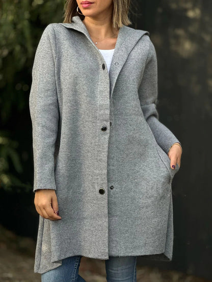 Women's Hooded Wool Coat Oversized Button Front Mid Length