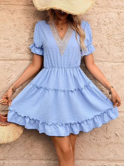 Women's Swiss Dot V Neck Puff Sleeve Tiered Mini Dress