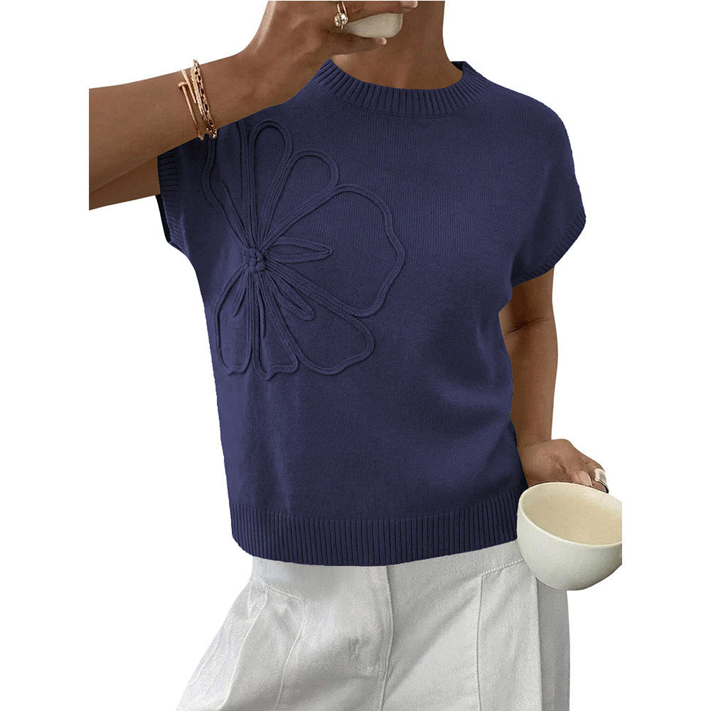 Floral Knit Sweater Short Sleeve Textured Summer Top