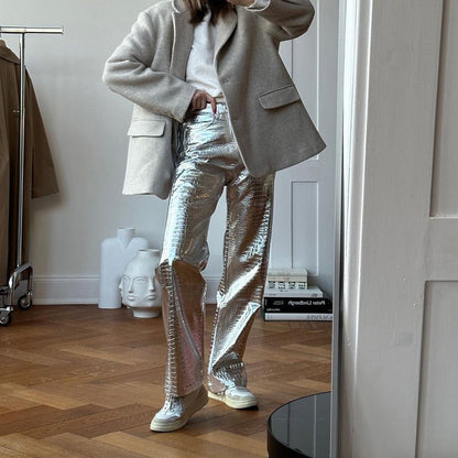 Silver Croc Embossed Faux Leather High Waist Straight Pants