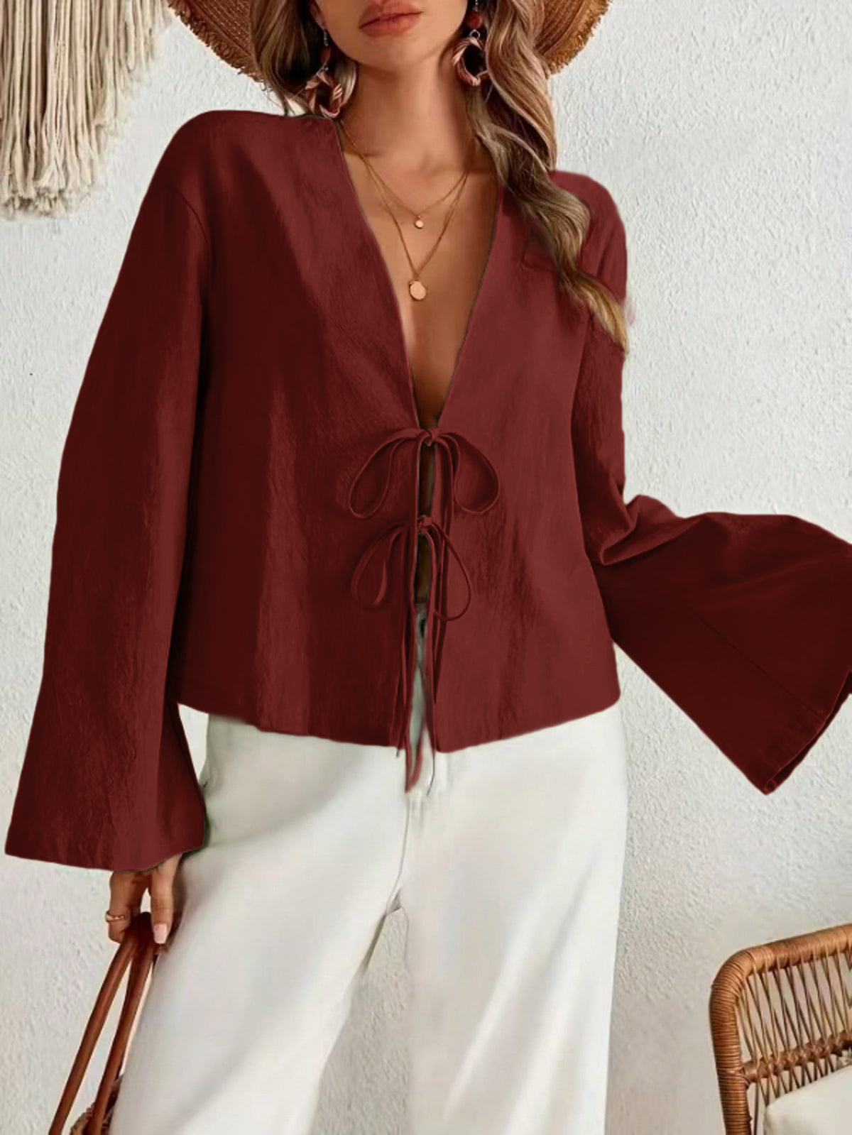 Tie Front V Neck Long Sleeve Bell Sleeve Blouse
