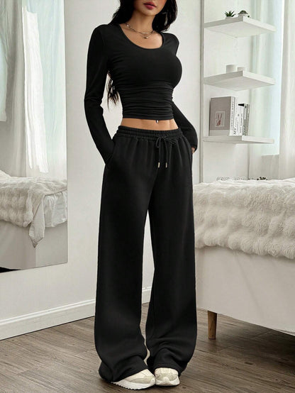 Women's Two Piece Lounge Set Wide Leg Pants Long Sleeve Top
