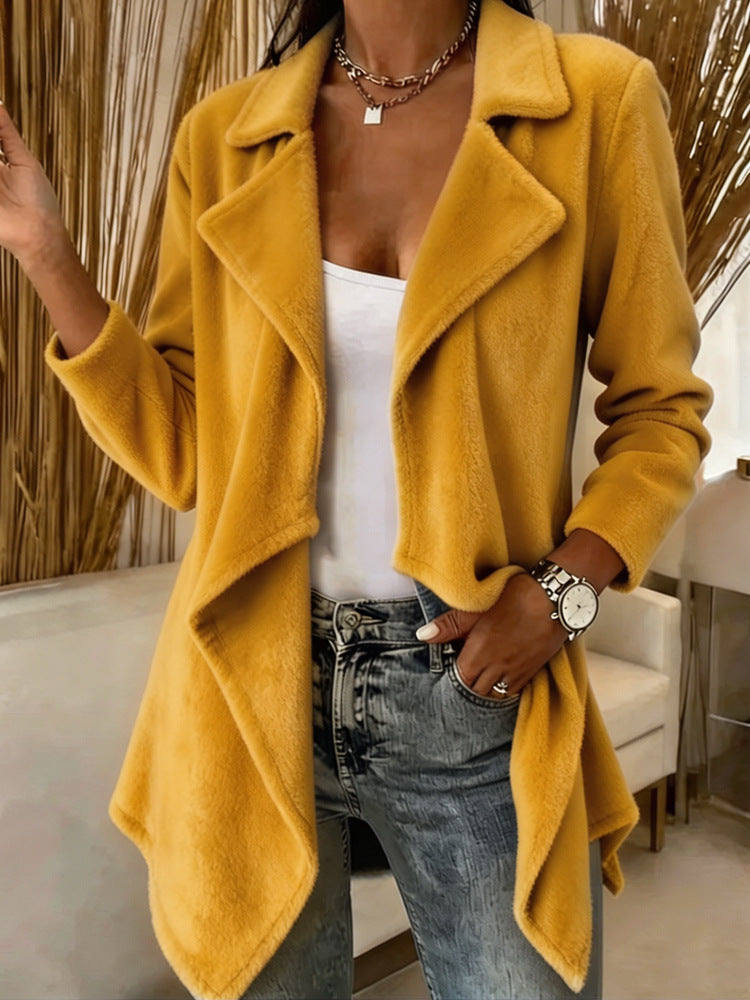 Women's Open Front Lapel Cardigan Solid Mid-Length Coat