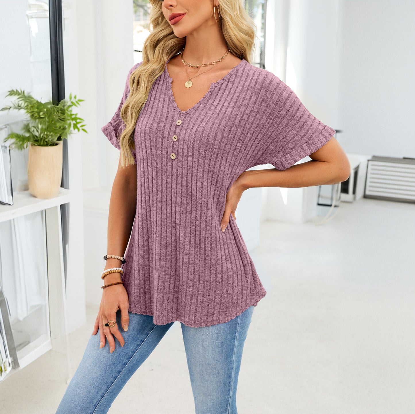 Ribbed V-Neck Button Top – Loose Fit Summer Casual Tee