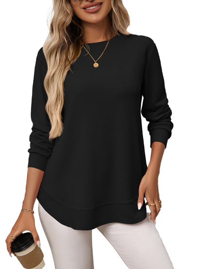 Solid waffle knit tunic top layered curved hem
