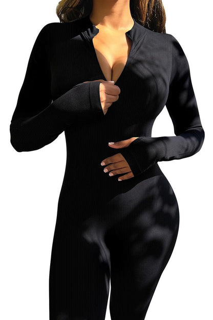 Women's Ribbed Zip Up Bodycon Jumpsuit Long Sleeve