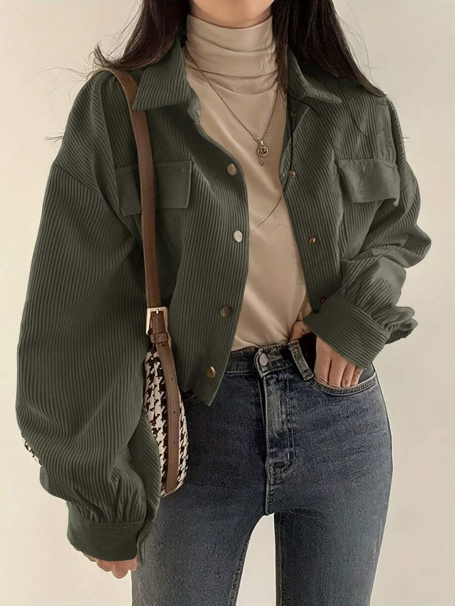 Corduroy Cropped Shacket Snap Front Relaxed Fit