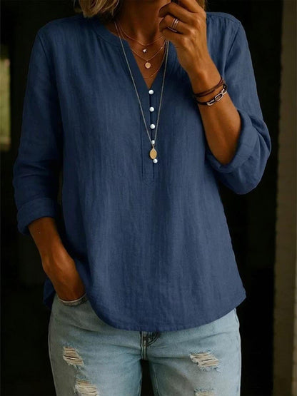 Women's V Neck Long Sleeve Button Cotton Linen Blouse