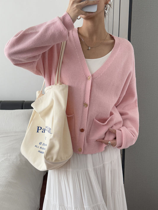 Women’s Solid Color Knit Cardigan V Neck Long Sleeve Top