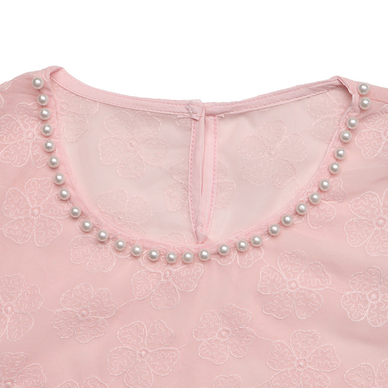Pink Floral Jacquard Puff Sleeve Blouse Pearl Neck Top