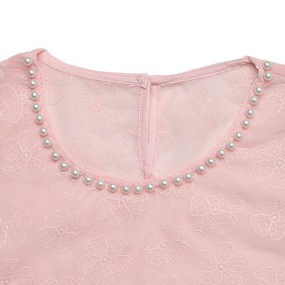 Pink Floral Jacquard Puff Sleeve Blouse Pearl Neck Top