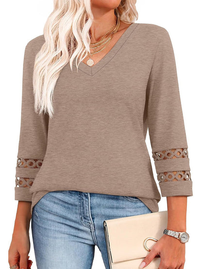 Women's V Neck 3/4 Sleeve Crochet Trim Loose Casual Blouse