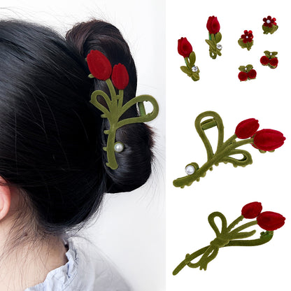 Velvet Tulip Claw Clips Pearl Hair Barrettes